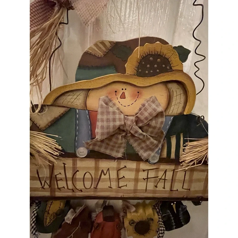 Vtg Hand Painted Wood Door Sign Scarecrow Welcome Fall Halloween Autumn Decor